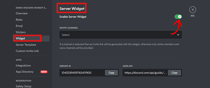 Toggle the enable server widget switch