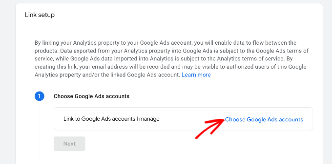 Choose Google ads account to link