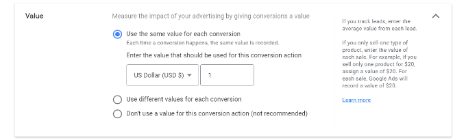 Enter value for conversion action