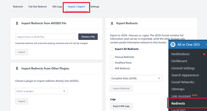 Import or export redirects
