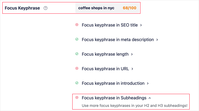 AIOSEO Will Recommend When You Should Use the Focus Keyphrase in More Subheadings