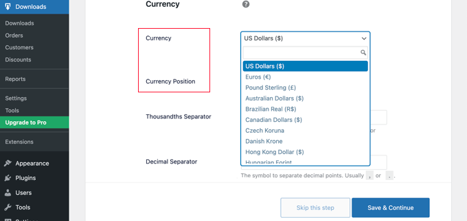 Easy Digital Downloads Setup Select Currency