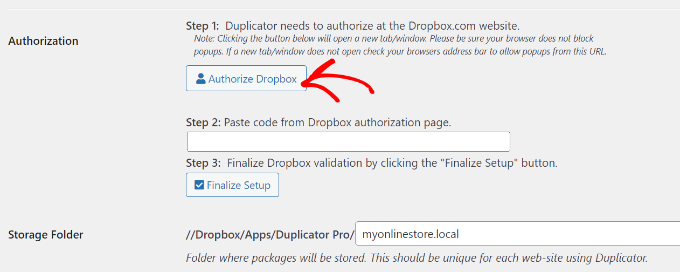 Authorize Dropbox to connect to duplicator
