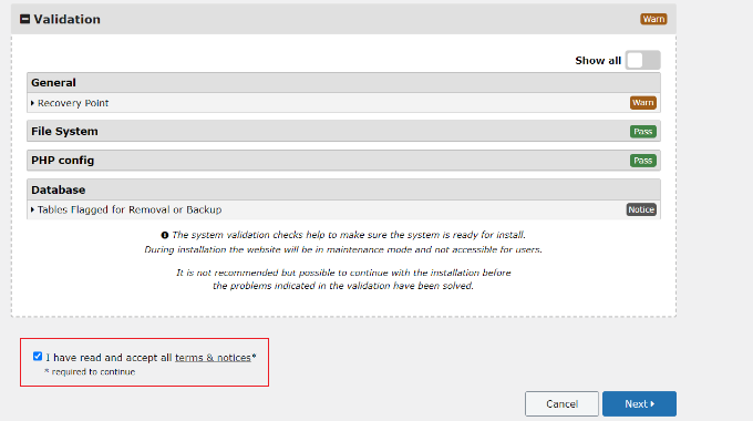 Check validation settings and accept terms