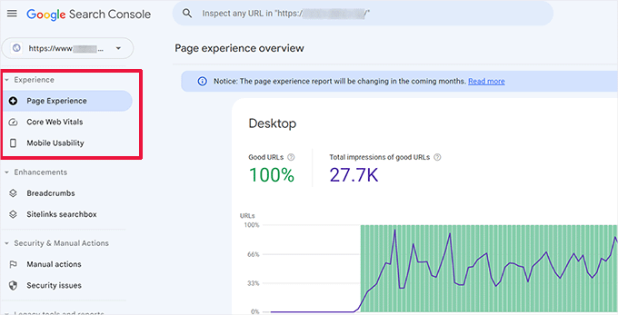 User experience section under Google Search Console