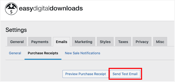 Sending a test email using Easy Digital Downloads