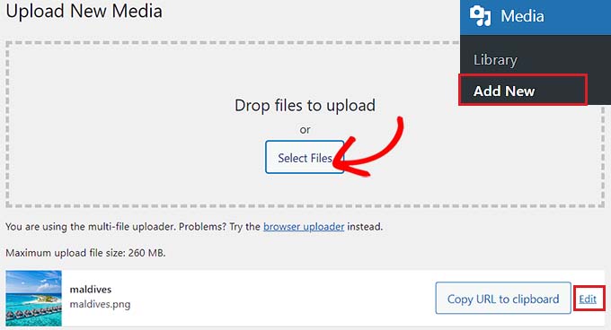 Add Image in the media library and click the Edit link