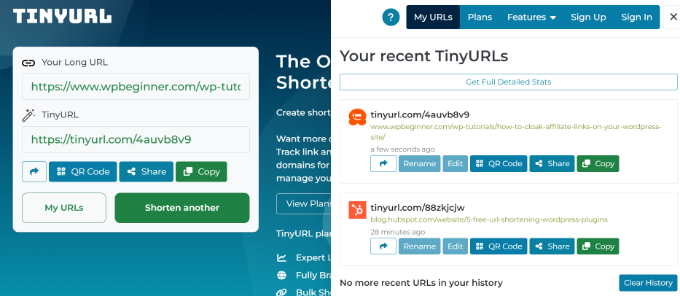 View shortened URL in TinyURL