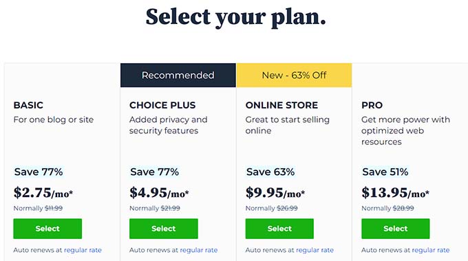 Bluehost Pricing page