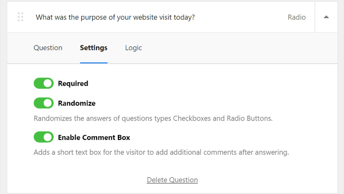 The Radio button question settings on UserFeedback