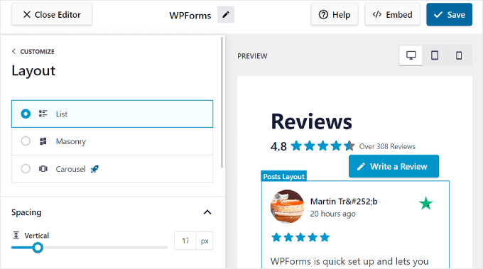 The top section of the Layout tab in the Reviews Feed Pro editor